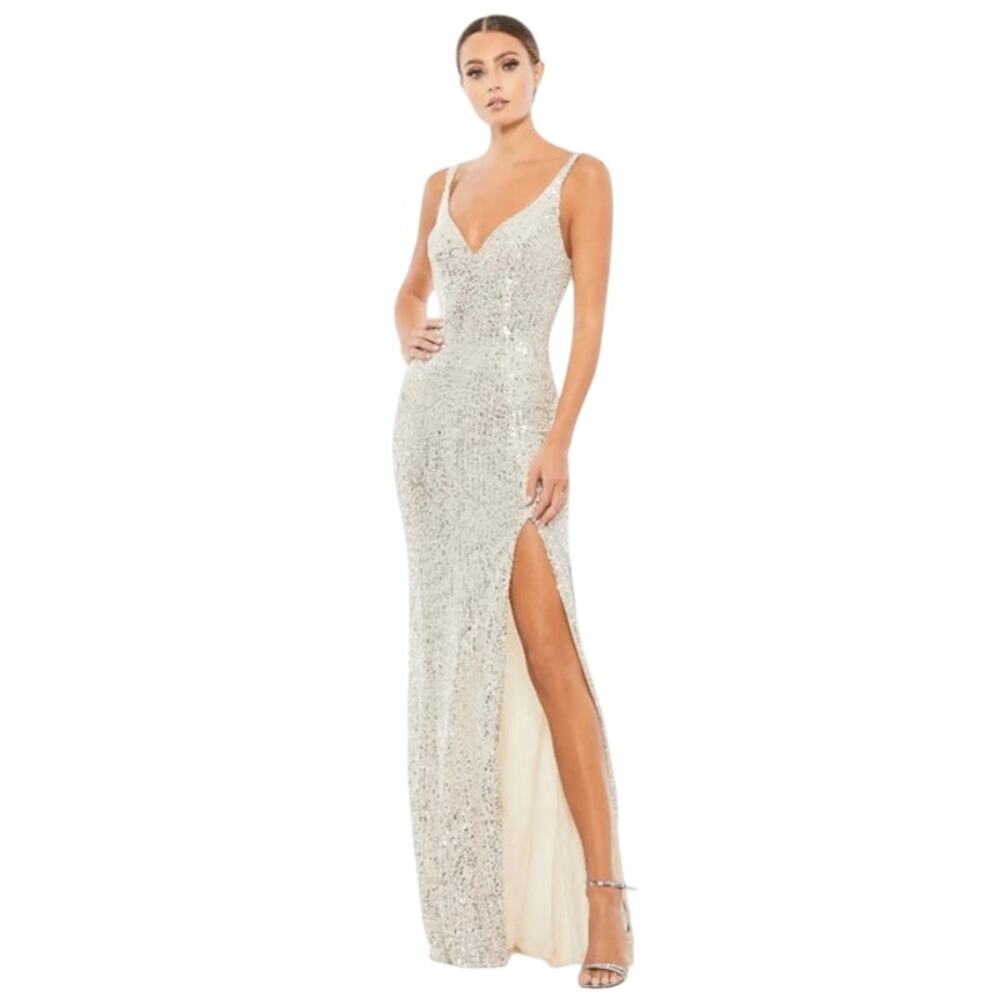 MAC DUGGAL Dress Size 16 Evening Gown Sequin Silver Full Sequined Scoop Back NEW